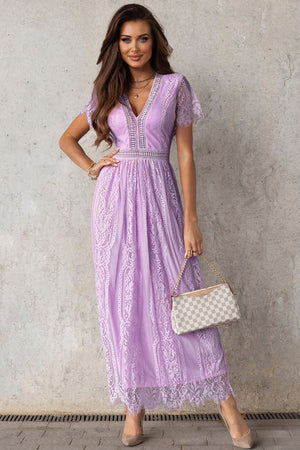 Scalloped Trim Lace Plunge Dress-Teresa's Fashionista LLC