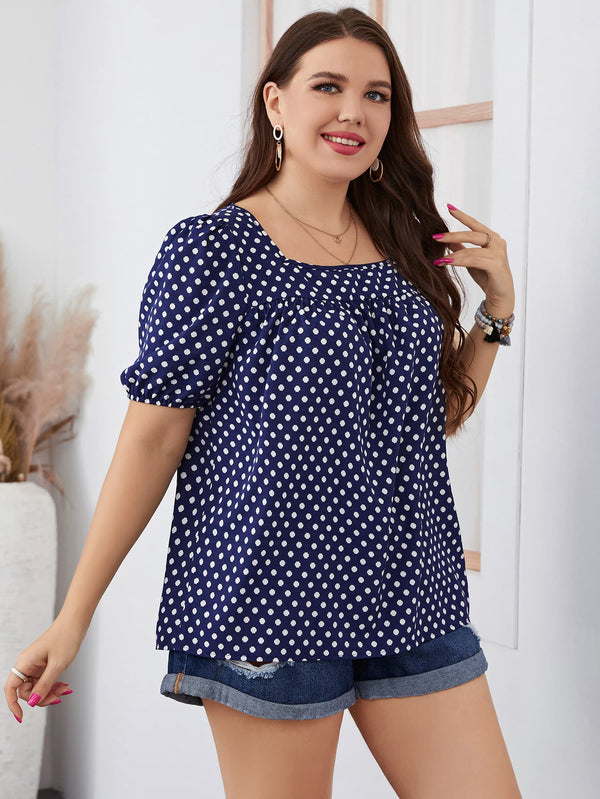 Plus Size Polka Dot Square Neck Blouse-Teresa's Fashionista LLC
