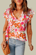 Floral Tie Neck Flutter Sleeve Blouse-Teresa's Fashionista LLC