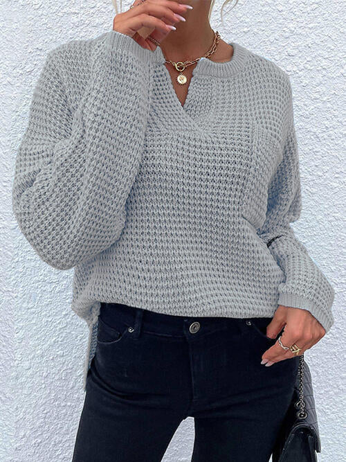 Notched Long Sleeve Sweater-Teresa&#39;s Fashionista LLC