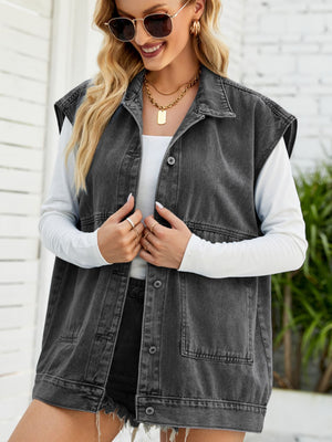 Collared Neck Sleeveless Denim Top with Pockets-Teresa's Fashionista LLC