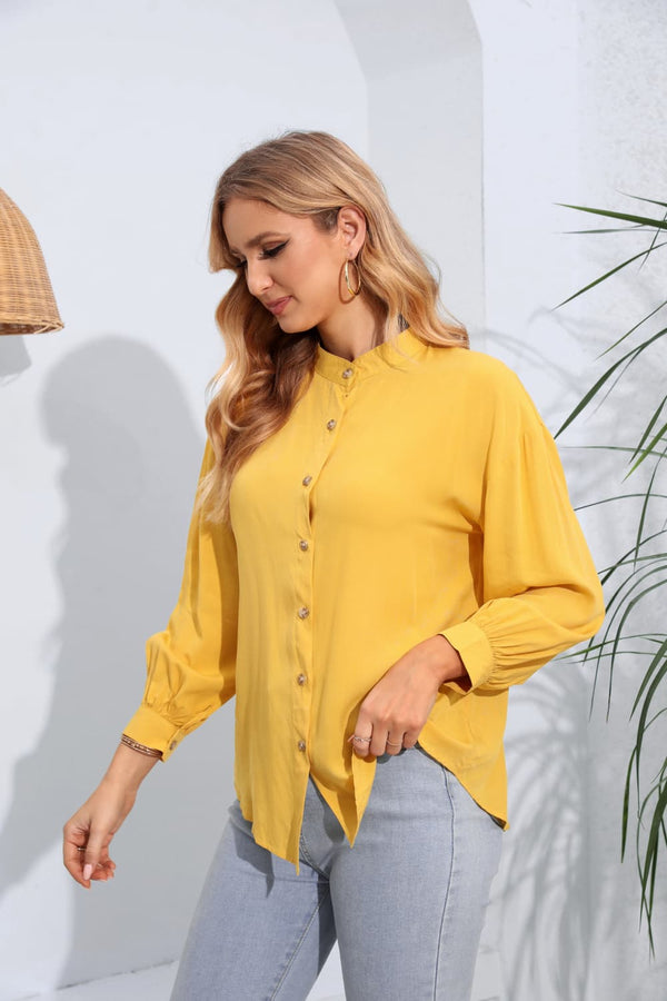 Mock Neck Buttoned Long Sleeve Shirt-Teresa's Fashionista LLC