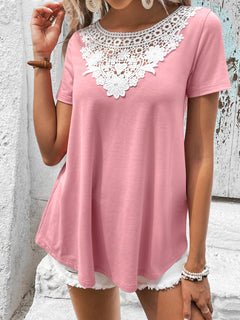 Spliced Lace Contrast Short Sleeve Top-Teresa's Fashionista LLC