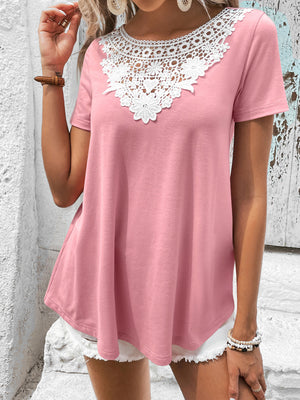 Spliced Lace Contrast Short Sleeve Top-Teresa's Fashionista LLC
