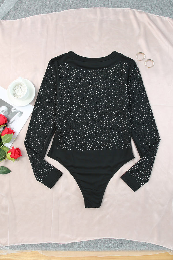 Rhinestone Round Neck Long Sleeve Bodysuit-Teresa's Fashionista LLC