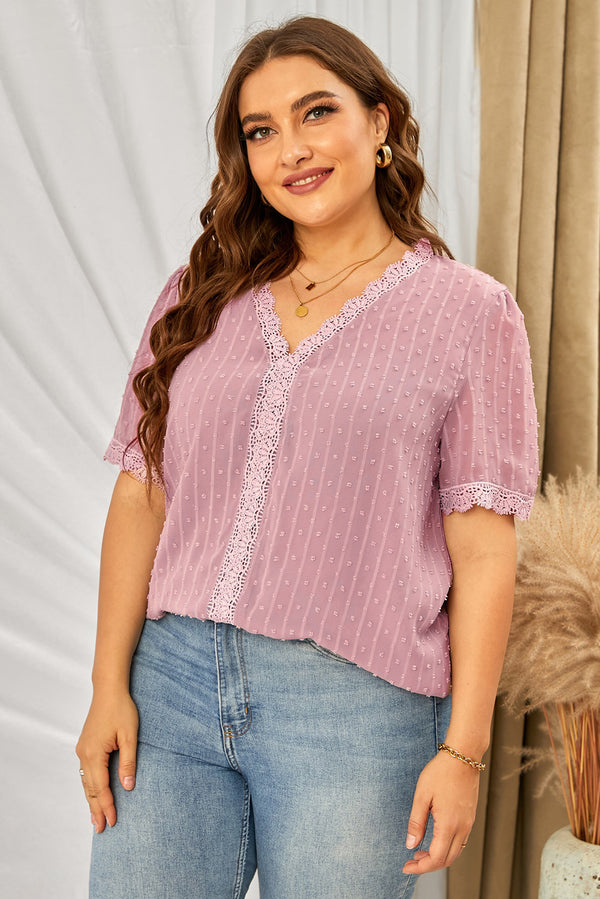 Plus Size Swiss Dot Spliced Lace V-Neck Blouse-Teresa's Fashionista LLC