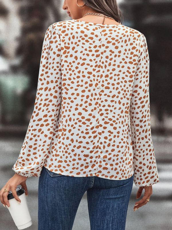 Printed Tie Neck Long Sleeve Blouse-Teresa's Fashionista LLC