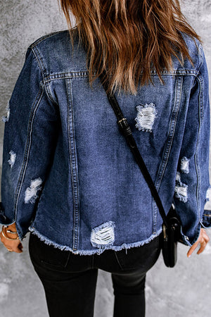 Mixed Print Distressed Button Front Denim Jacket-Teresa's Fashionista LLC
