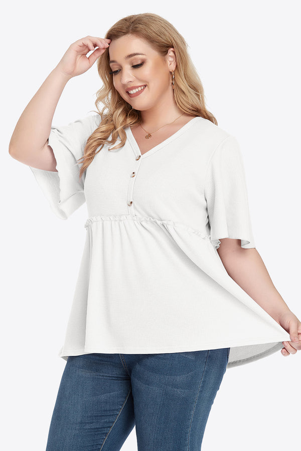 Plus Size Buttoned V-Neck Frill Trim Babydoll Blouse-Teresa's Fashionista LLC