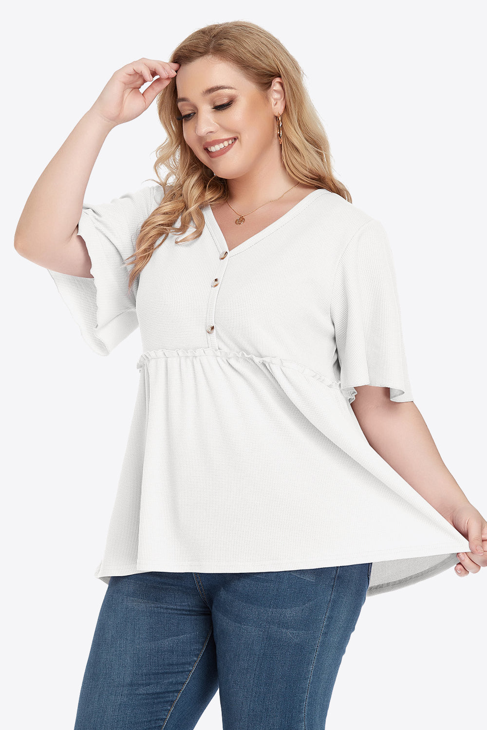 Plus Size Buttoned V-Neck Frill Trim Babydoll Blouse-Teresa&#39;s Fashionista LLC