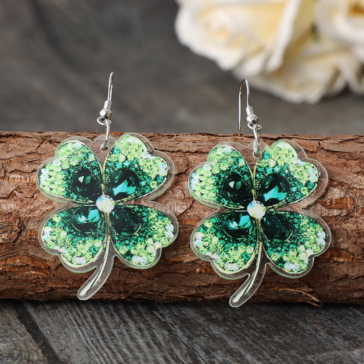 Lucky Clover Acrylic Dangle Earrings-Teresa&#39;s Fashionista LLC