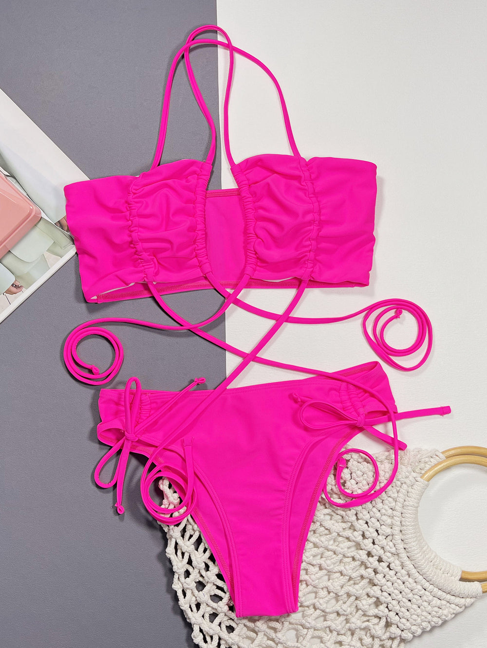 Halter Neck Drawstring Detail Bikini Set-Teresa's Fashionista LLC
