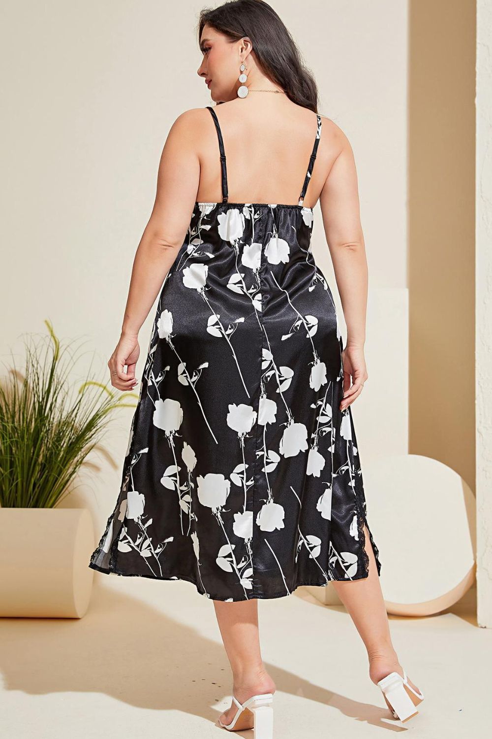Plus Size Floral Lace Trim Side Slit Night Dress-Teresa's Fashionista LLC