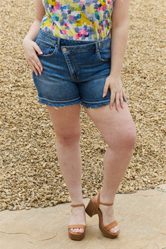 RISEN Maya Full Size Mid Rise Asymmetrical Shorts-Teresa's Fashionista LLC