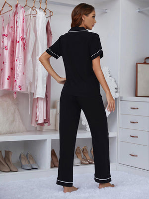 Contrast Piping Lapel Collar Short Sleeve Top and Pants Pajama Set-Teresa's Fashionista LLC