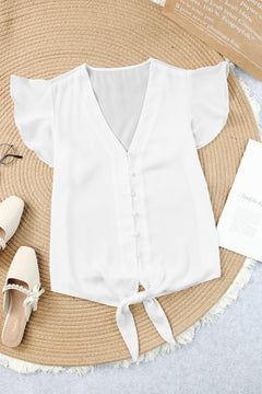 V-Neck Tie Hem Flutter Sleeve Blouse-Teresa's Fashionista LLC