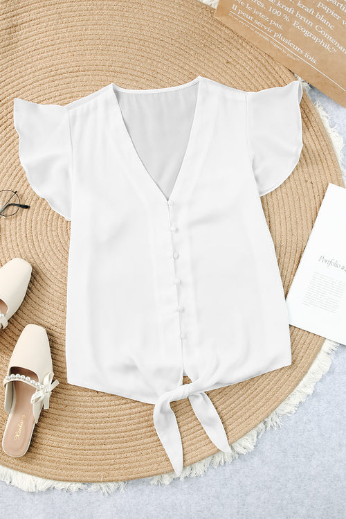 V-Neck Tie Hem Flutter Sleeve Blouse-Teresa's Fashionista LLC