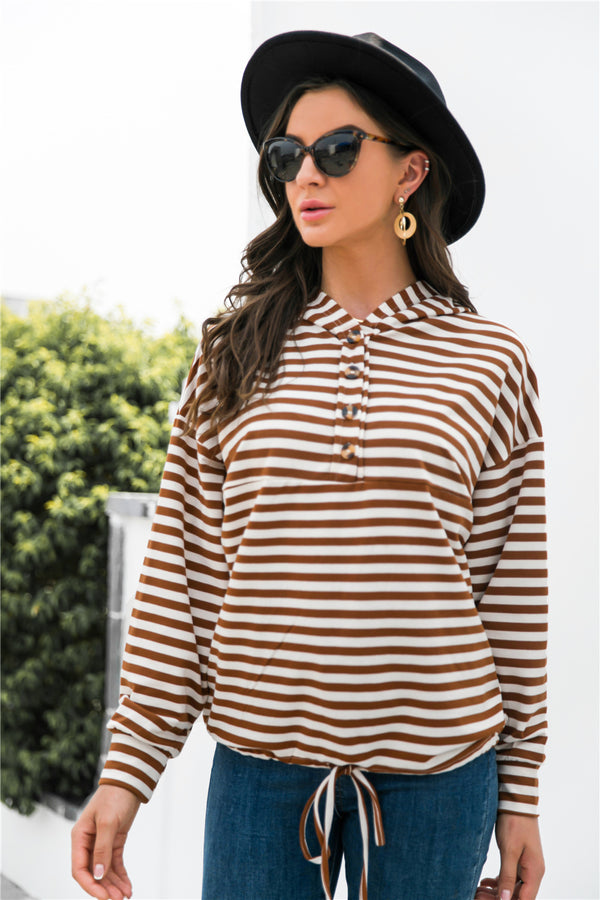 Striped Half-Button Dropped Shoulder Hoodie-Teresa's Fashionista LLC