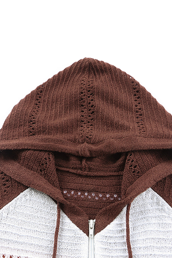 Zip-Up Raglan Sleeve Openwork Hooded Cardigan-Teresa's Fashionista LLC