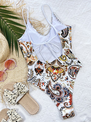 Printed Tie Back Scoop Neck One-Piece Swimsuit-Teresa's Fashionista LLC