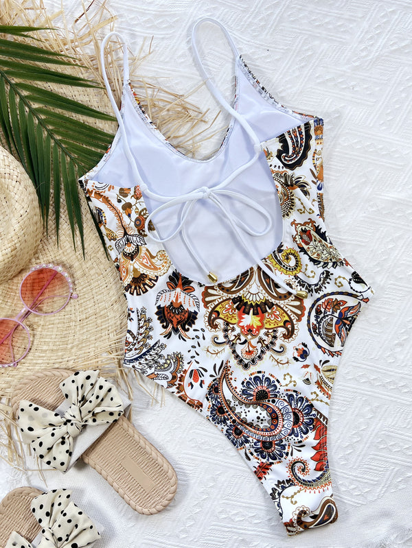 Printed Tie Back Scoop Neck One-Piece Swimsuit-Teresa's Fashionista LLC