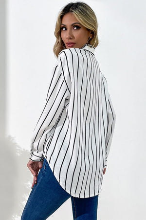 Vertical stripes button down shirt with turn-down collar and asymmetrical hem, long sleeve.