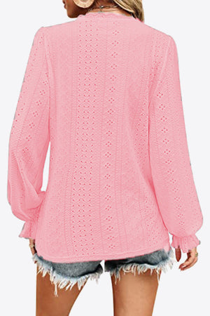 Eyelet V-Neck Flounce Sleeve Blouse-Teresa's Fashionista LLC