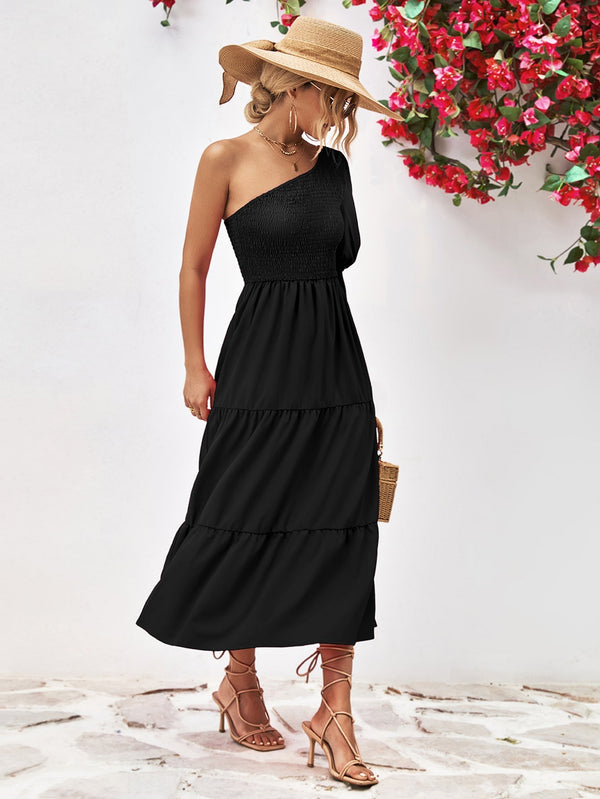 Smocked One-Shoulder Midi Dress-Teresa's Fashionista LLC