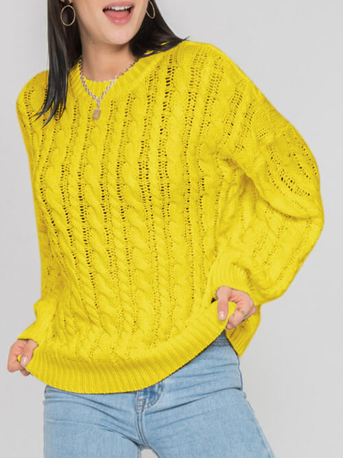 Openwork Round Sleeve Cable-Knit Sweater-Teresa&#39;s Fashionista LLC