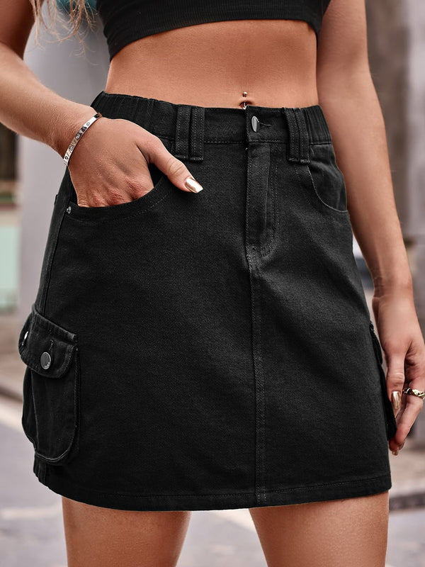 Denim Mini Skirt with Pockets-Teresa's Fashionista LLC