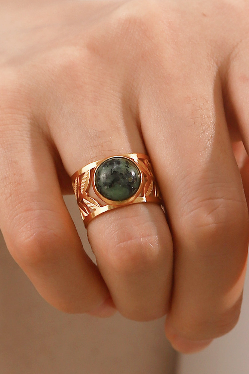 18k Gold Plated Malachite Leaf Ring-Teresa's Fashionista LLC