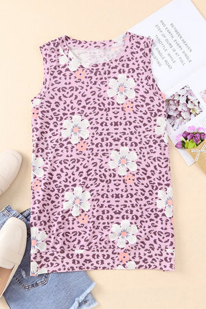 Printed side slit round neck tank with floral and leopard pattern, casual chic style.