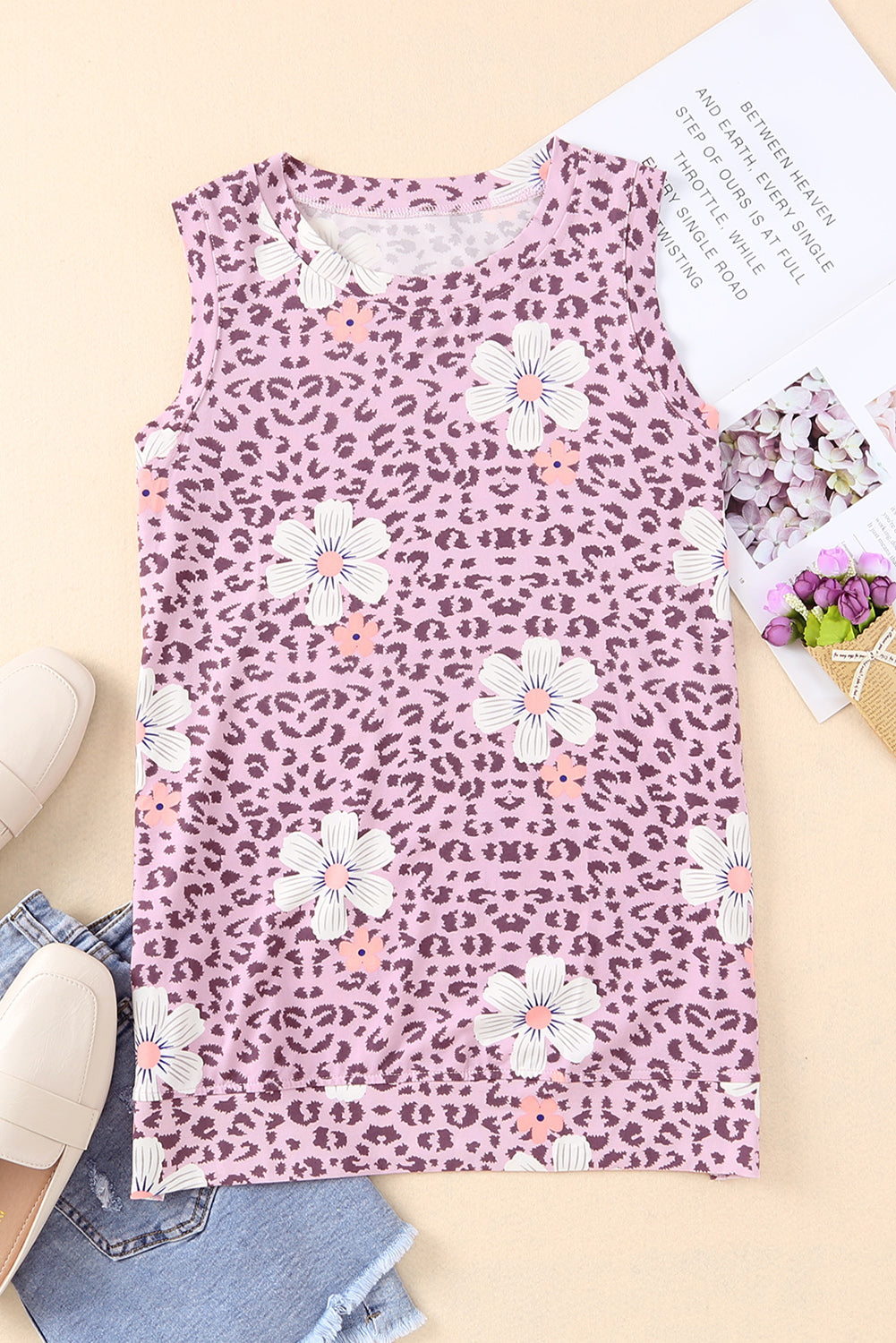 Printed side slit round neck tank with floral and leopard pattern, casual chic style.