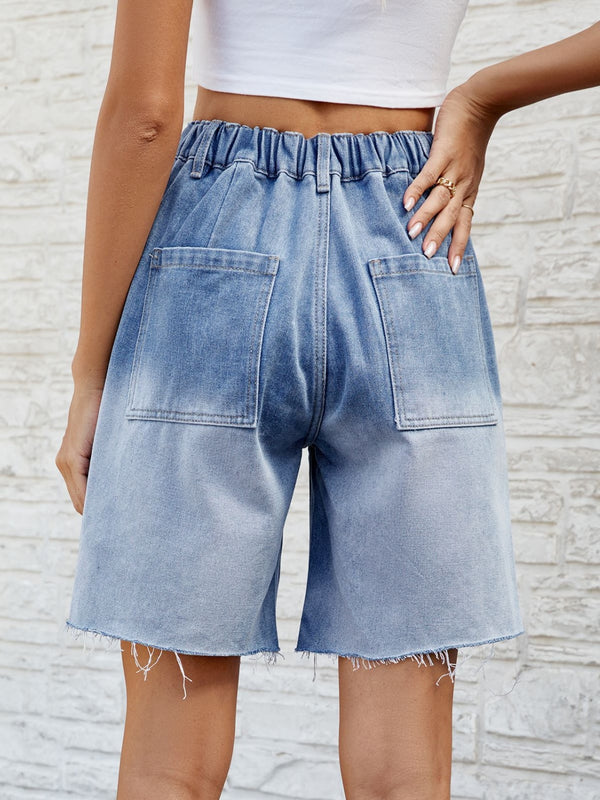 Buttoned Raw Hem Denim Shorts with Pockets-Teresa's Fashionista LLC