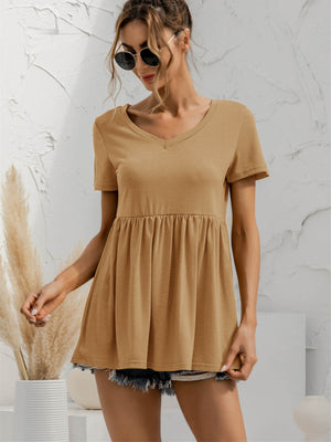 V-Neck Short Sleeve Babydoll Top-Teresa's Fashionista LLC