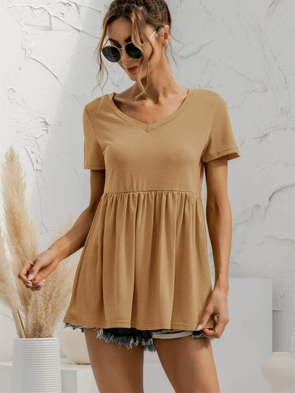 V-Neck Short Sleeve Babydoll Top-Teresa's Fashionista LLC