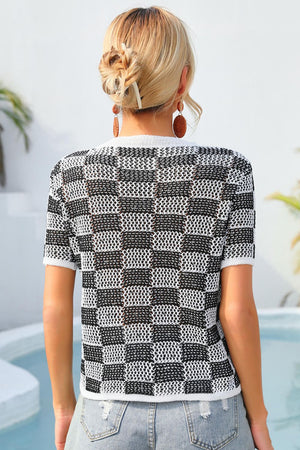 Checkered Short Sleeve Knit Top-Teresa's Fashionista LLC