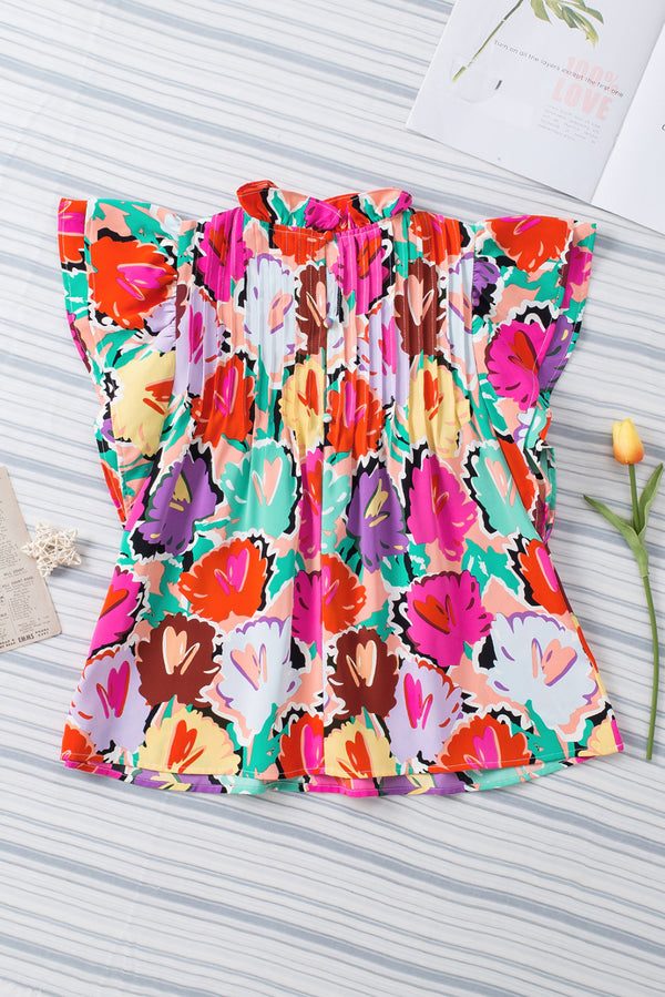 Multicolored Flutter Sleeve Mock Neck Blouse-Teresa's Fashionista LLC