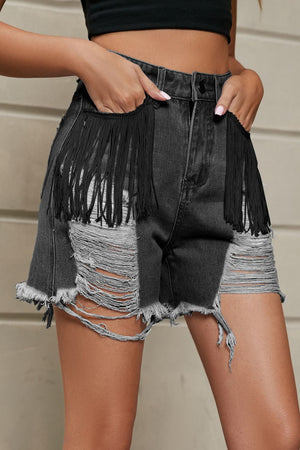 Fringe Trim Distressed Denim Shorts with Pockets-Teresa's Fashionista LLC
