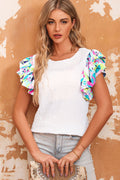 Multicolored Flutter Sleeve Round Neck Blouse-Teresa's Fashionista LLC
