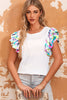 Multicolored Flutter Sleeve Round Neck Blouse-Teresa's Fashionista LLC