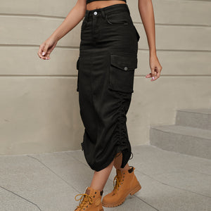 Drawstring Ruched Slit Denim Midi Skirt-Teresa's Fashionista LLC