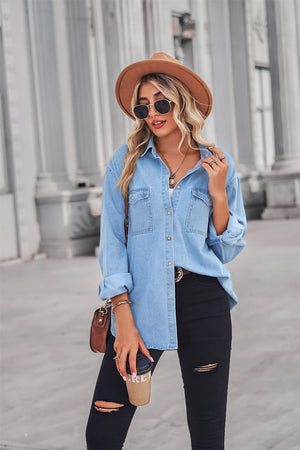 Collared Neck Dropped Shoulder Denim Top-Teresa's Fashionista LLC