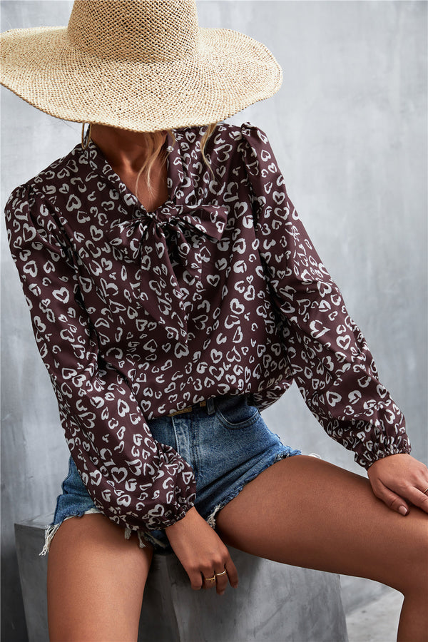 Printed Tie Neck Puff Sleeve Blouse-Teresa's Fashionista LLC