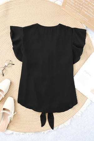 V-Neck Tie Hem Flutter Sleeve Blouse-Teresa's Fashionista LLC