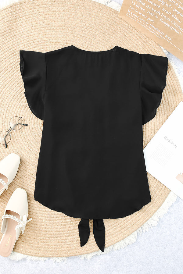 V-Neck Tie Hem Flutter Sleeve Blouse-Teresa's Fashionista LLC