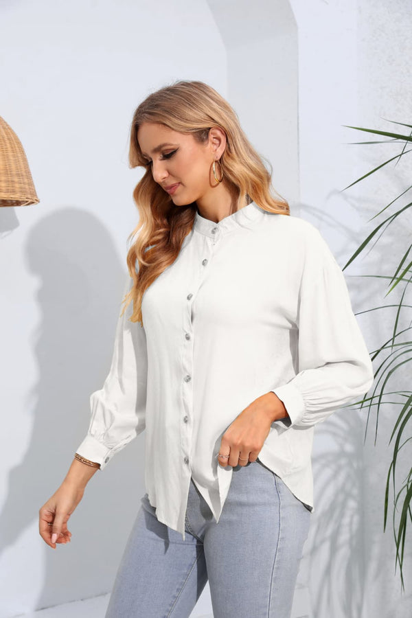 Mock Neck Buttoned Long Sleeve Shirt-Teresa's Fashionista LLC