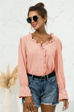 Frill Trim V-Neck Flounce Sleeve Shirt-Teresa's Fashionista LLC