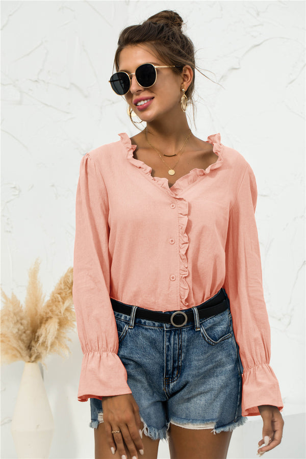 Frill Trim V-Neck Flounce Sleeve Shirt-Teresa's Fashionista LLC