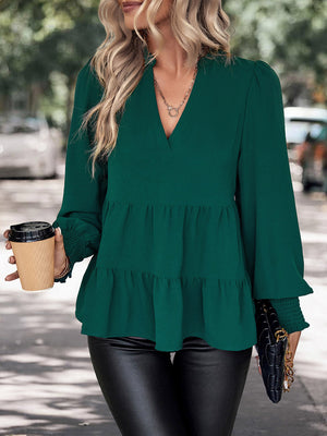 Notched Neck Lantern Sleeve Blouse-Teresa's Fashionista LLC
